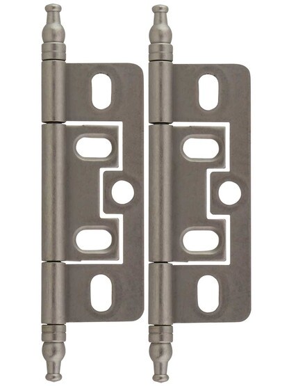 Pair of Solid Brass 2 1/2 inch Non-Mortise Minaret-Tip Cabinet Hinges in Distressed Nickel.